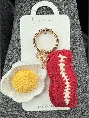 Leith Crochet Bacon and Eggs Bag Gold clasp Charm Keychain NWT